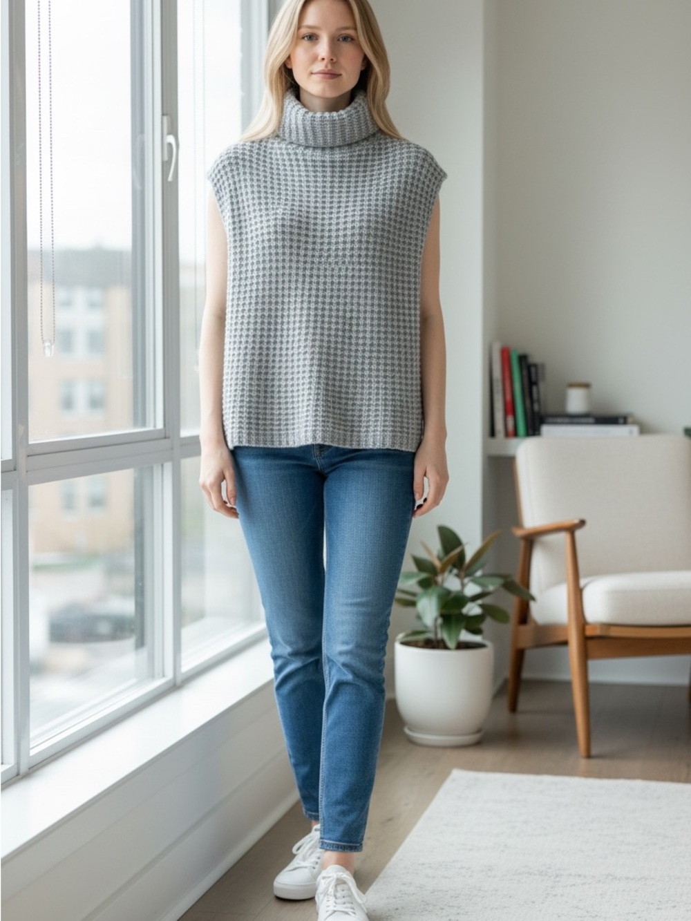 John + Jenn light Blue/Gray Sleeveless Waffle Knit Turtleneck Sweater